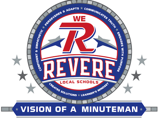 Circular emblem for Revere Local Schools featuring a bold red ‘R’ and phrases like ‘Confident & Empathetic,’ ‘Learner’s Mindset,’ and ‘Vision of a Minuteman,’ representing the district’s Portrait of a Graduate.