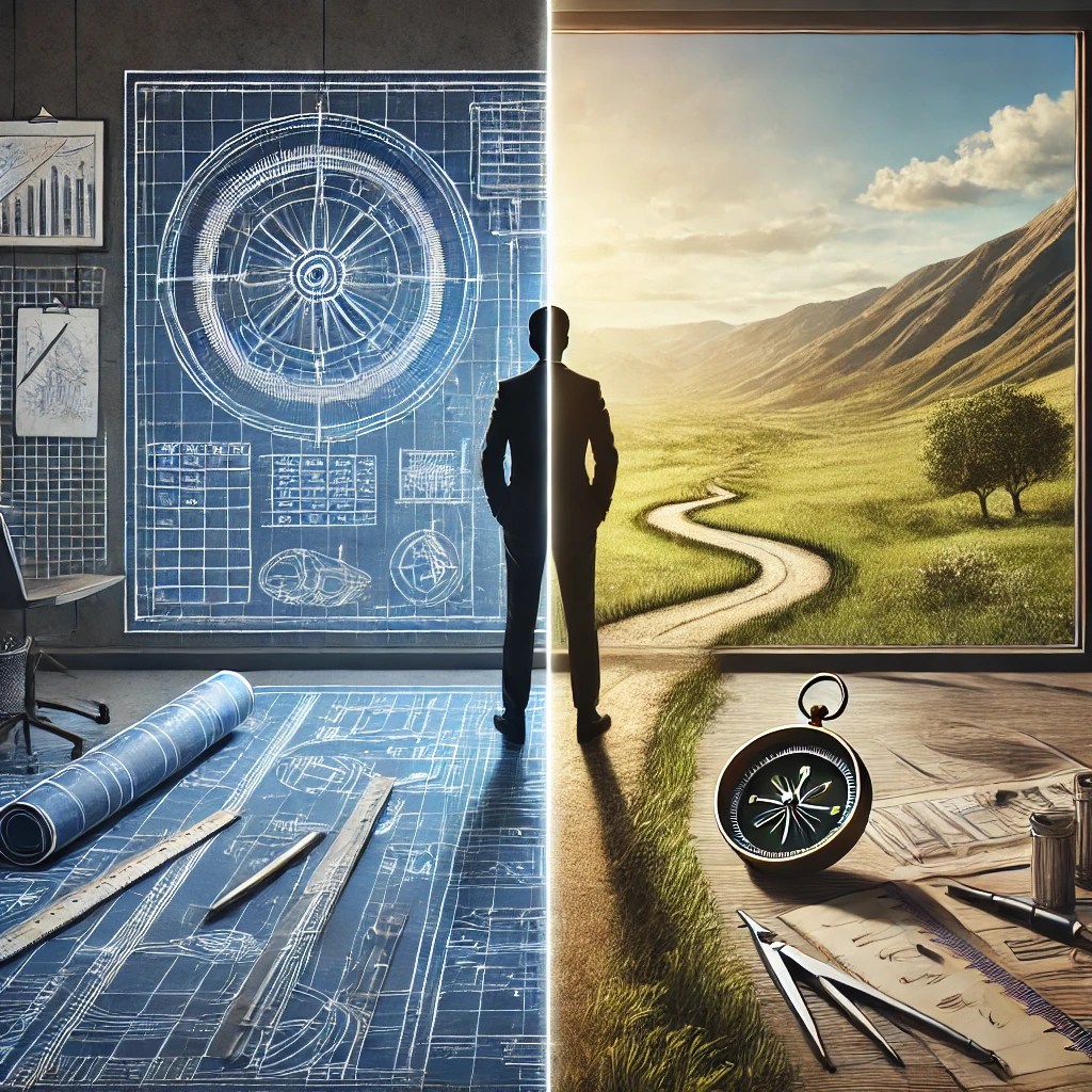 A split-screen image showing a suited figure standing between two contrasting worlds: on the left, a blueprint-filled engineering workspace with technical drawings and drafting tools; on the right, a scenic, winding path through green hills with a compass and natural light, symbolizing the contrast between technical planning and exploratory journey.